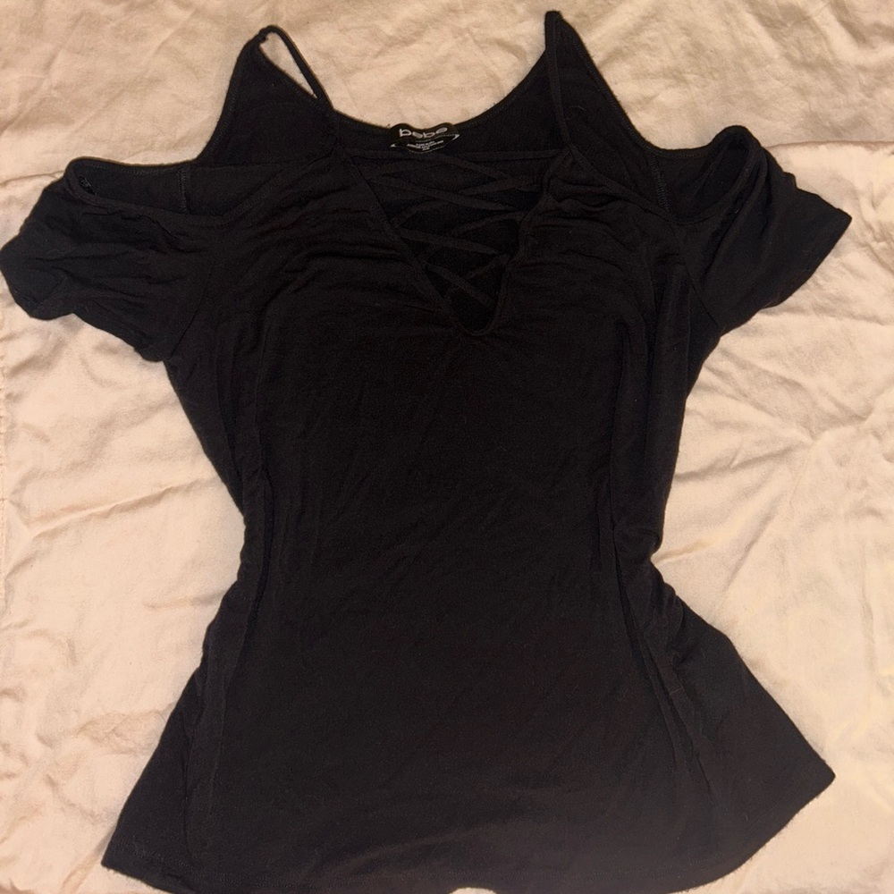 Bebe Criss cross detail cold shoulder black top